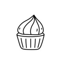 cupcake mignon avec de la crème isolé sur fond blanc. aliments sucrés. illustration vectorielle dessinée à la main dans un style doodle. parfait pour divers designs, cartes, décorations, logo, menu. vecteur