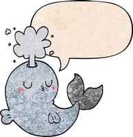 baleine de dessin animé jaillissant de l'eau et bulle de dialogue dans un style de texture rétro vecteur