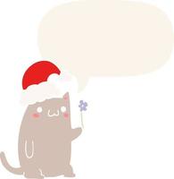 chat de noël dessin animé mignon et bulle de dialogue dans un style rétro vecteur