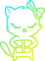 ligne de gradient froid dessinant un chat de dessin animé mignon avec un arc vecteur