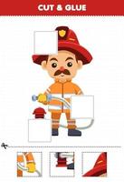 jeu éducatif pour les enfants couper et coller des parties découpées de la profession de pompier de dessin animé mignon et les coller feuille de travail imprimable vecteur