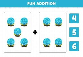 jeu éducatif pour les enfants addition amusante par comptage et choisissez la bonne réponse de dessin animé mignon orbe magique bleu feuille de travail imprimable halloween vecteur