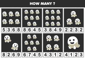 jeu éducatif pour les enfants comptant le nombre d'objets dans chaque table de dessin animé mignon fantôme blanc feuille de travail imprimable halloween vecteur