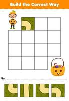 jeu éducatif pour les enfants construire la bonne façon aidez le costume de garçon de citrouille de dessin animé mignon passer au panier de bonbons feuille de travail imprimable halloween vecteur