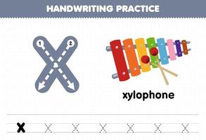 jeu éducatif pour les enfants pratique de l'écriture manuscrite avec des lettres minuscules x pour feuille de travail imprimable xylophone vecteur