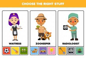 jeux éducatifs pour les enfants choisir la bonne profession trucs pour dessin animé mignon serveuse zookeeper radiologue feuille de travail imprimable vecteur