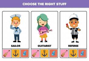 jeux éducatifs pour enfants choisir la bonne profession trucs pour dessin animé mignon marin guitariste arbitre feuille de travail imprimable vecteur