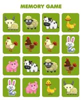 jeu éducatif pour la mémoire des enfants pour trouver des images similaires de feuille de travail imprimable d'animal de ferme de dessin animé mignon vecteur