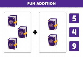 jeu éducatif pour les enfants addition amusante par comptage et choisissez la bonne réponse de dessin animé mignon livre magique violet feuille de travail imprimable halloween vecteur