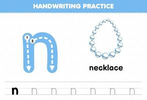 jeu éducatif pour les enfants pratique de l'écriture manuscrite avec des lettres minuscules n pour collier feuille de calcul imprimable vecteur