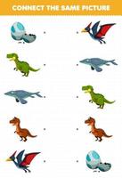 jeu éducatif pour les enfants connectez la même image de feuille de travail imprimable de dinosaure préhistorique de dessin animé mignon vecteur