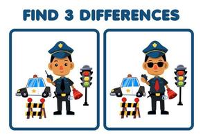 jeu éducatif pour les enfants trouver trois différences entre deux feuilles de travail imprimables de profession de police de dessin animé mignon vecteur