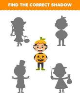 jeu d'éducation pour les enfants trouver l'ombre correcte ensemble de dessin animé mignon citrouille garçon costume halloween feuille de travail imprimable vecteur