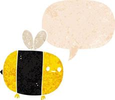 abeille de dessin animé mignon et bulle de dialogue dans un style texturé rétro vecteur