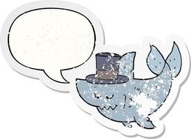 requin de dessin animé portant un chapeau haut de forme et un autocollant en détresse avec bulle de dialogue vecteur