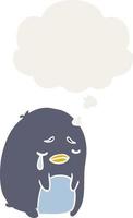 dessin animé pingouin qui pleure et bulle de pensée dans un style rétro vecteur