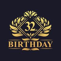 Logo d'anniversaire de 32 ans, célébration du 32e anniversaire de luxe en or. vecteur