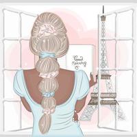 blonde à la mode lisant un livre devant la tour eiffel et la fenêtre, vue arrière, illustration vectorielle vecteur