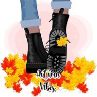 ambiance d'automne, bottes pour femmes dans le feuillage, feuilles d'érable d'automne, illustration vectorielle vecteur