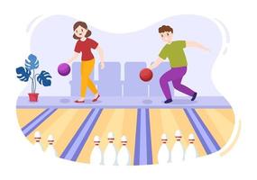les gens jouent au bowling illustration de conception plate de dessin animé dessiné à la main avec des épingles, des balles et des tableaux de bord dans un club de sport ou une compétition d'activités vecteur