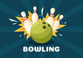 jeu de bowling illustration de conception de fond plat dessin animé dessiné à la main avec des épingles, des boules et des tableaux de bord dans un club de sport ou une compétition d'activités vecteur