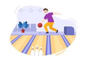 les gens jouent au bowling illustration de conception plate de dessin animé dessiné à la main avec des épingles, des balles et des tableaux de bord dans un club de sport ou une compétition d'activités vecteur