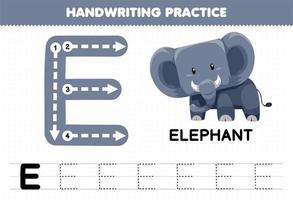 jeu éducatif pour les enfants pratique de l'écriture manuscrite avec des lettres majuscules e pour la feuille de travail imprimable d'éléphant vecteur