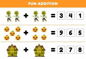 jeu éducatif pour les enfants ajout amusant par deviner le nombre correct de dessin animé mignon citrouille maison effrayante zombie halloween feuille de calcul imprimable vecteur