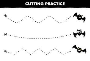 jeu éducatif pour les enfants pratique de coupe avec dessin animé mignon chauve-souris noire volante feuille de travail imprimable halloween vecteur