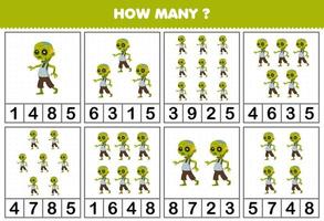jeu éducatif pour les enfants comptant le nombre d'objets dans chaque table de feuille de travail imprimable zombie vert dessin animé mignon halloween vecteur