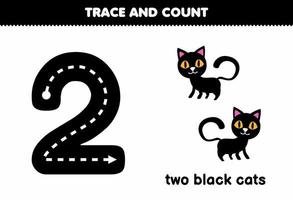 jeu éducatif pour les enfants traçage numéro deux et comptage de dessin animé mignon chat noir feuille de travail imprimable halloween vecteur