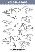 jeu d'éducation pour les enfants coloriage grande ou petite image de dessin animé mignon dinosaure préhistorique ptéranodon dessin au trait feuille de travail imprimable vecteur