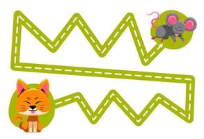 jeu d'éducation pour les enfants pratique de l'écriture tracer les lignes déplacer mignon dessin animé animal chat à la souris feuille de calcul imprimable vecteur