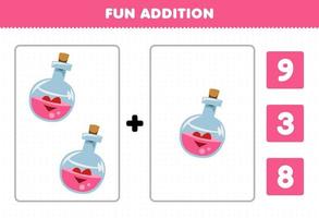 jeu éducatif pour les enfants addition amusante par comptage et choisissez la bonne réponse de dessin animé mignon bouteille de potion rose feuille de travail imprimable halloween vecteur