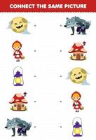 jeu éducatif pour les enfants connecter la même image de dessin animé mignon chaperon rouge loup-garou lanterne lune champignon maison halloween feuille de calcul imprimable vecteur