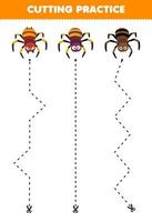 jeu éducatif pour les enfants s'entraînant à couper avec une feuille de travail imprimable halloween araignée de dessin animé mignon vecteur