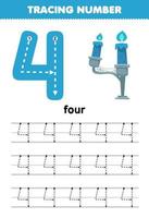 jeu éducatif pour les enfants traçage numéro quatre avec feuille de travail imprimable bougies bleues sur le thème d'halloween vecteur