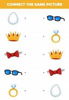 jeu éducatif pour les enfants connecter la même image de dessin animé accessoires portables collier couronne noeud papillon lunettes anneau feuille de calcul imprimable vecteur