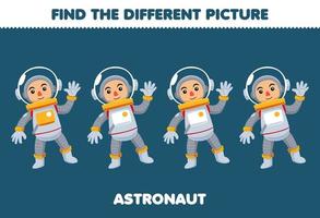 jeu éducatif pour les enfants trouver l'image différente de la feuille de travail imprimable de la profession d'astronaute de dessin animé mignon vecteur