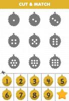 jeu éducatif pour les enfants comptez les points sur chaque silhouette et associez-les à la bonne feuille de travail imprimable de fruits durian numérotés vecteur