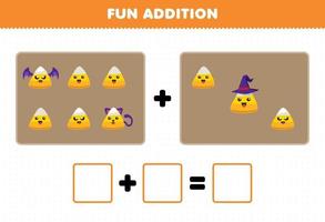 jeu éducatif pour les enfants ajout amusant en comptant des images de bonbons de maïs de dessin animé mignon feuille de travail imprimable d'halloween vecteur
