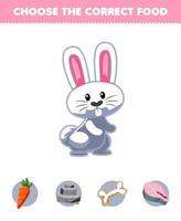 jeu éducatif pour les enfants choisir la bonne nourriture pour un animal de dessin animé mignon lapin carotte pierre os ou saumon feuille de travail imprimable