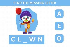 jeu éducatif pour les enfants trouver la lettre manquante de la feuille de travail imprimable de costume d'halloween de clown de dessin animé mignon vecteur