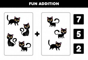 jeu éducatif pour les enfants addition amusante par comptage et choisissez la bonne réponse de dessin animé mignon chat noir feuille de travail imprimable halloween vecteur