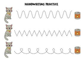 tracer des lignes pour les enfants. chat mignon et nourriture. pratique de l'écriture. vecteur