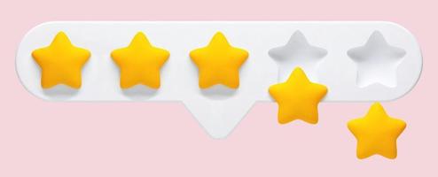 vecteur illustration réaliste 3d de commentaires 5 étoiles, évaluation d'un produit ou d'un service sur fond rose. deux étoiles tombent du tableau de bord.