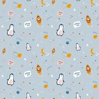 joli motif harmonieux de fusées, de pingouins et d'étoiles sur fond bleu. thème cosmique pour les enfants. illustration vectorielle colorée pour baby shower, textile, vêtements, papier peint. vecteur