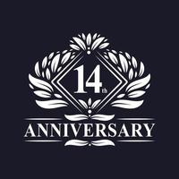 Logo anniversaire 14 ans, logo floral de luxe 14e anniversaire. vecteur