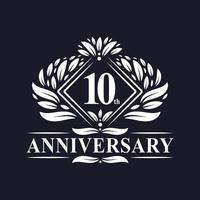 Logo anniversaire 10 ans, logo floral de luxe 10e anniversaire. vecteur