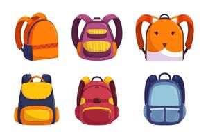 collection de sacs d'école dans un style vectoriel plat dessiné à la main. ensemble de différents sacs à dos pour enfants pour l'école. éléments d'automne de retour à l'école